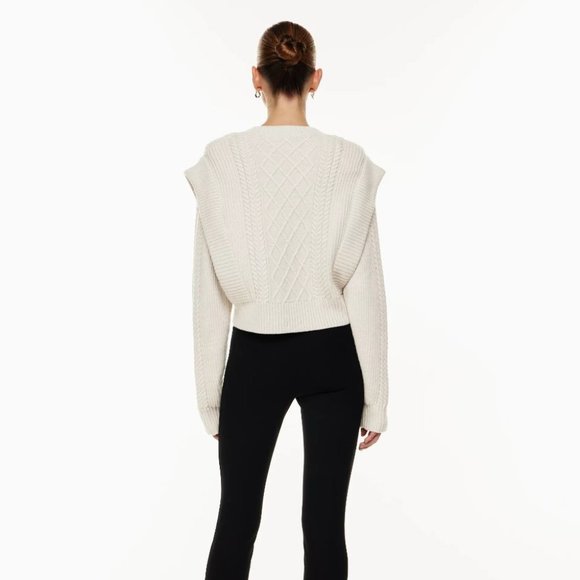 Aritzia Babaton | Seek Cable-Knit Shoulder Pad Sweater in Heather Birch - Picture 3 of 14